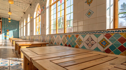 Bright tiled background with wooden surfaces, natural light patterns in a calm environment, sauna, Turkish bath,