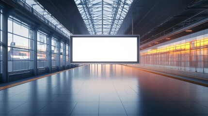 A transparent train station billboard mockup in a brightly lit terminal, showcasing clean and contemporary details