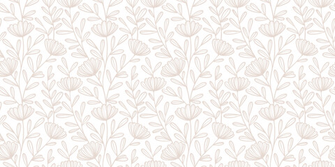 Vintage line art daisy white beige floral print background, seamless repeating climbing flower pattern, light neutral vector background design