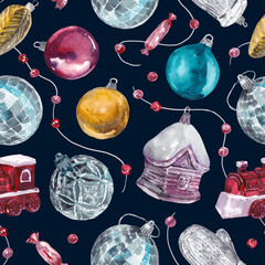 seamless pattern with chistmas decoration. hand drawn watercolor illustration. vintage style decor