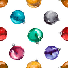 seamless pattern with chistmas decoration. hand drawn watercolor illustration. vintage style decor