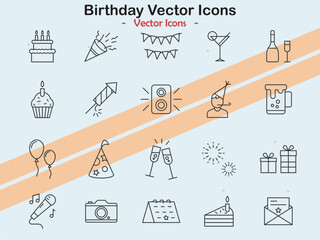 Icons representing birthday celebrations and festive themes in vector style