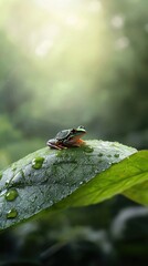 Frog Sitting on Green Leaf with Water Drops in Natural Environment