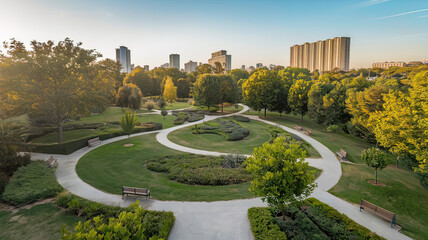 Naklejka premium View of serene park with winding paths and lush greenery surrounded by trees, cozy urban environment, place to relax in the city