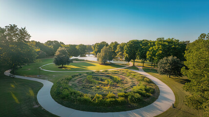 View of serene park with winding paths and lush greenery surrounded by trees, cozy urban environment, place to relax in the city