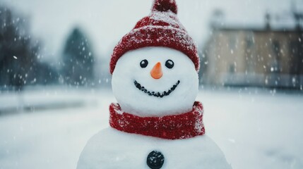 Obraz premium Adorable smiling snowman outdoors on winter day. Space for text