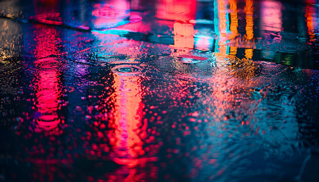 Neon Reflections on Wet Pavement at Night