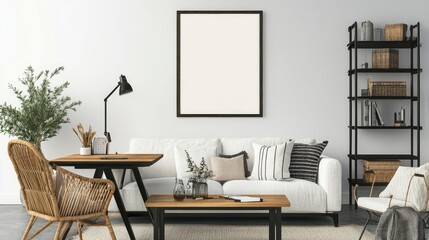 Interior design of workspace interior with mock up poster frame, wooden desk, stylish lamp, modular sofa, black rack, rattan armchair, pillows and personal accessories. Home decor. Template