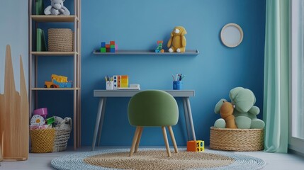 Kid room composition with round shelf, gray desk, green armchair, blue wall, braided rug, plush toys, braided basket, block toys, and personal accessories