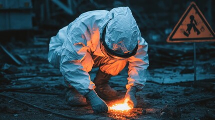 Worker in radiation suit inspecting glowing substance hazardous site safety