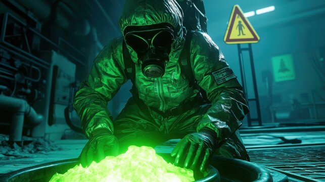Worker in radiation suit inspecting glowing substance industry photo laboratory close-up safety