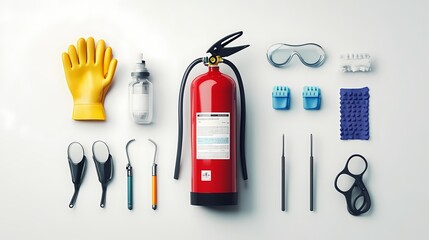 Fire safety equipment and tools arranged on a white background including a fire extinguisher, gloves, goggles, and various small devices for emergency readiness