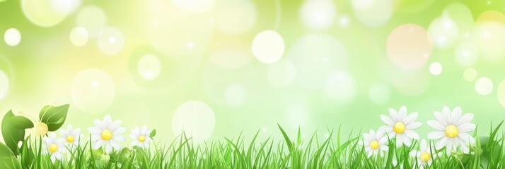 Obraz premium 緑の草と白い花々が広がる明るい春の日の風景