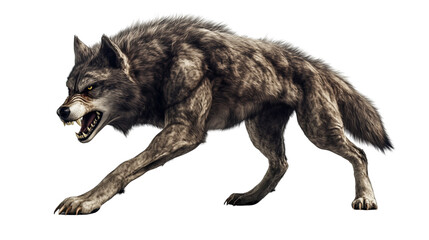 Fototapeta premium A wolf beast, intense attention to fur and musculature details, appearing powerful and mysterious on a sharp, PNG format Background. Generative AI 