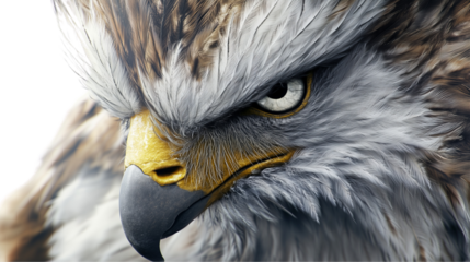 A mythical griffin's head, intricate detailing of feathers and expressive eyes, PNG format Background. Generative AI 
