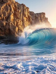Naklejka premium A blue ocean wave crashing against a rocky cliffside at sunset, ocean, sunset, sea