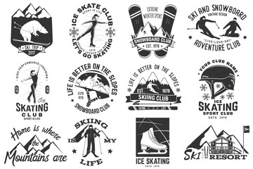Ski, Ice Skate and Snowboard Club emblem. Vector. Concept for shirt, print, stamp, badge or tee. Vintage typography design with snowboarder, skate, skates blades and skier silhouette. Winter sport