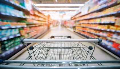 supermarket shelves aisle with empty shopping cart defocused interior blur bokeh light background new