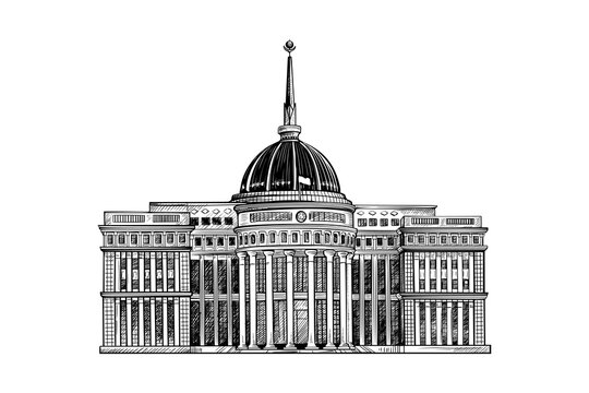Black and white sketch of Akorda Palace in Astana. The residence of the President of Kazakhstan. Vector handdraw illustration