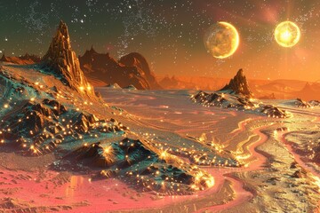 A Glittering, Golden Alien Landscape with Two Moons and a Starry Sky