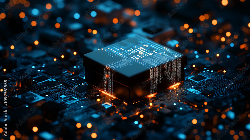 Poster exploration of advanced technology with a glowing microchip on a circuit board at night