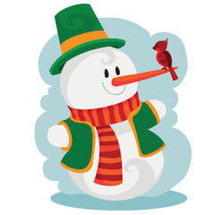 bullfinch sits on snowman's nose,