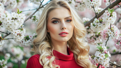 Fototapeta premium Delicate cherry blossoms frame a radiant woman, her golden hair cascading around her.