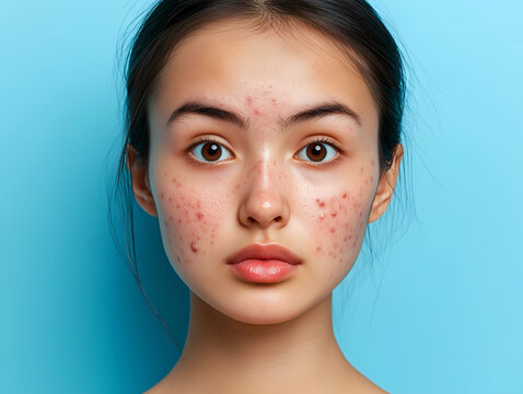 Skin affected by acne and scars, highlighting red, inflamed pimples and blemishes