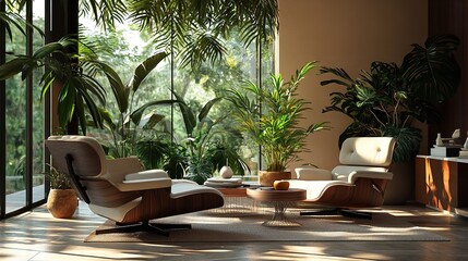 Stylish Living Room Interior with Home Plants and Lounge Chair":
