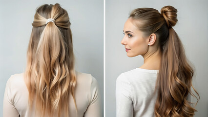  Effortless elegance. Two styles, one woman. A simple ponytail and a chic bun.Hair goals achieved. Two looks, endless possibilities. From a low ponytail to a high bun, hair transformations are captiva