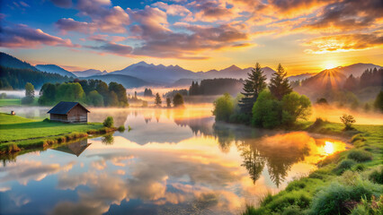 Early sunrise over the lake, clouds and mountains in the distance reflected perfectly in the water.