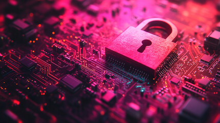 lock icon on a digital circuit board background, symbolizing cyber security and data protection in the modern digital world