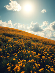 Obraz premium A hillside covered in vibrant yellow flowers under a sky filled with fluffy white clouds, scenic landscape, rolling terrain, tranquil environment