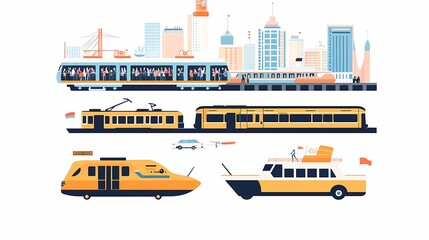 Urban Transport Collection Featuring Various Modes of Public Transit Including Trains, Trams, Buses, Boats, and City Buildings in a Modern Flat Design Style