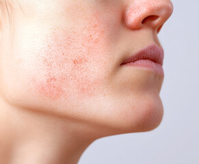 Obraz premium Acne scars, rash, dermatitis and wide pores at the facial skin of a European woman