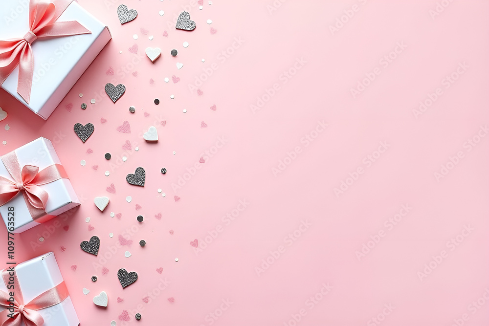 Wall mural Top view photo of white gift boxes with pink bows silver decorative hearts sequins and heart shaped confetti on isolated pastel pink background with empty space