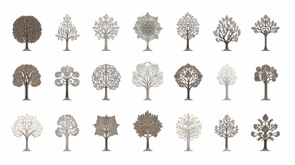 Diverse Collection of Stylized Trees Showcasing Natural Beauty with Intricate Designs and Variations for Nature-Inspired Art and Decoration