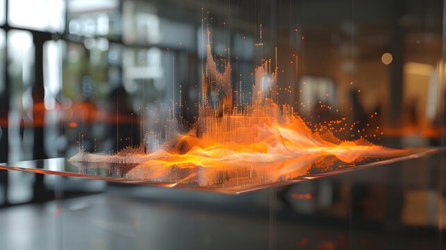 A floating 3D scatter plot with interactive data points and dynamic transitions, photography, immersive technology, sleek design, photorealistic