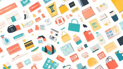 Colorful Flat Lay of Various Shopping Items and Accessories on White Background, Including Bags, Food, Cosmetics, and Fashion Elements for Creative Projects