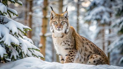 Obraz premium Lynx in the snow near a snow-covered fir tree in a winter forest, enjoying the silence. Beautiful winter forest, lynx resting near a snow-covered fir tree against the background of snow.