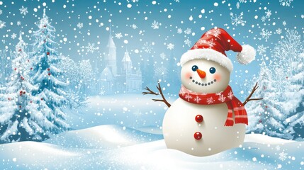 Obraz premium Merry christmas and happy new year greeting card with copy-space.Happy snowman standing in winter landscape.Snow background