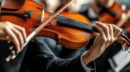 Fototapeta premium Close-Up of Hands Playing Violin in Orchestra Setting