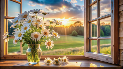 Sunshine streams through the window, illuminating a vase of daisies, painting the scene with warmth and beauty.