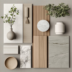 create a realistic japandi interior design mood board with wood, fabrics, marble tiles and plants with light colours 