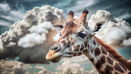Obraz premium The giraffe's high neck and head are at cloud level, standing out beautifully against the sky.