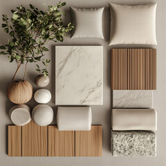 create a realistic japandi interior design mood board with wood, fabrics, marble tiles and plants with light colours 