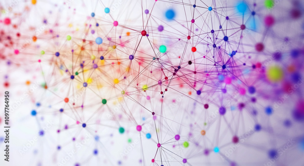 Poster Colorful abstract network design with dots and lines representing digital connectivity and data visualization