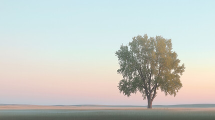 A lone tree silhouette at dusk on an empty field, with a gradient sky from blue to soft pink