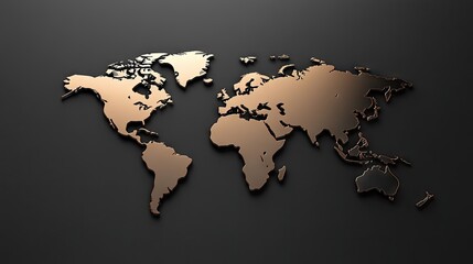 Stylized bronze world map on a sleek black background, highlighting global connections.