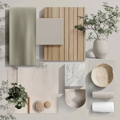 create a realistic japandi interior design mood board with wood, fabrics, marble tiles and plants with light colours 